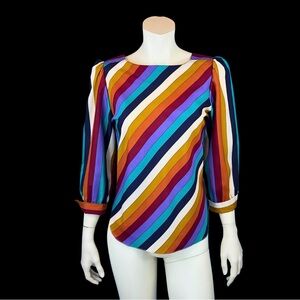 80s Rainbow Stripe Puff Sleeve Preppy Blouse / S
